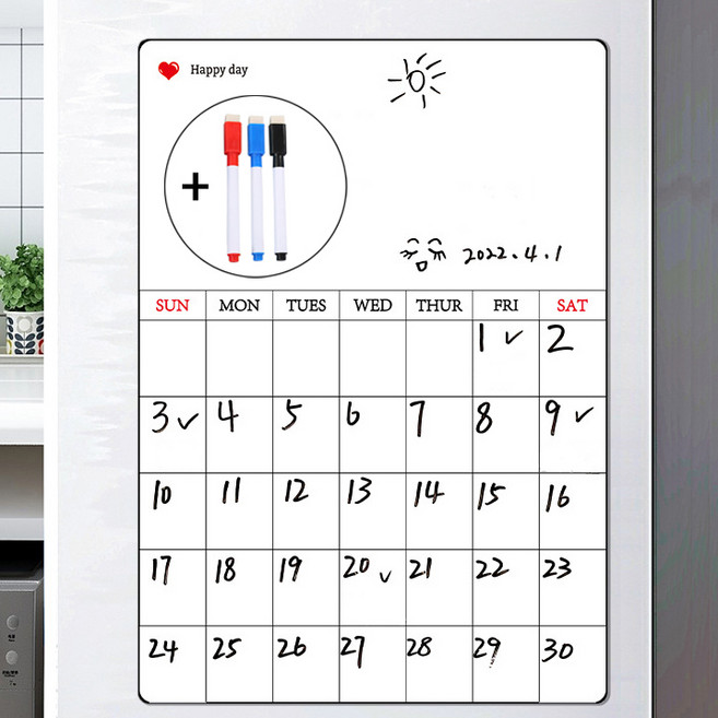 붙이는 화이트보드 세로형 [3색펜포함] 냉장고 자석 달력 시트지 월간 계획표 보드 스케줄, 3색펜포함, 1개