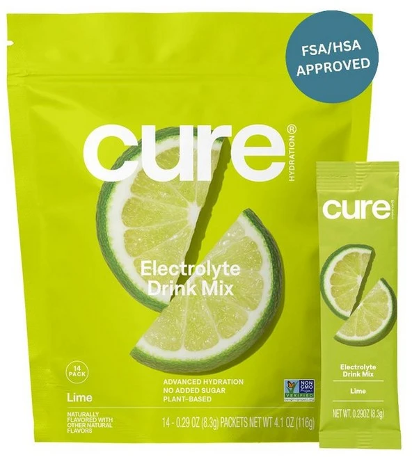 (2개 세트 / 총 28포) Cure Hydration 식물성 전해질 음료 믹스 딸기 키위 맛 코코넛워터 베이스 무가당 수분보충 파우더, 라임 맛(2개 세트 / 총 28포) - 쿠팡