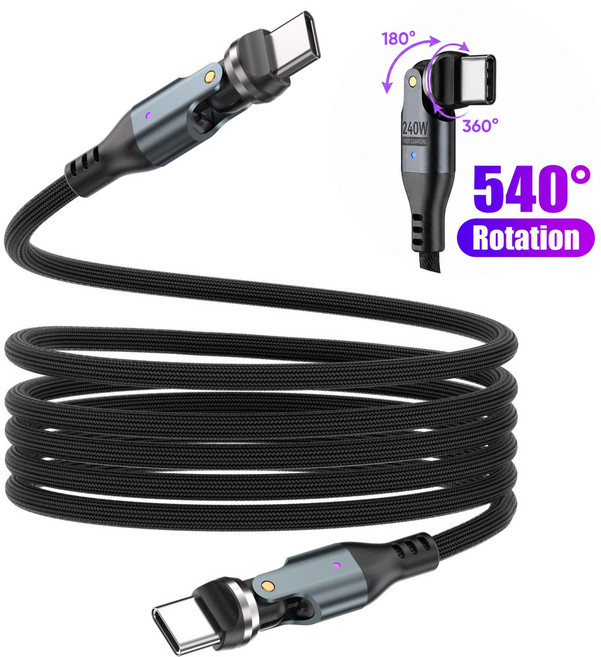 자석 마그네틱 540도 240w USB-C 충전하면서 쓰는 C타입 회전 ㄱ자 단선방지 게임용 스마트폰 태블릿 꺾임 방지 충전 차량용 USB C타입 코일 케이블 고속충전 차량용, 1개, 메탈블랙, 1m