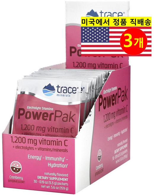 Trace Minerals 트레이스 미네랄 전해질 스태미나 비타민C 1200mg 파워팩 크랜베리맛 30개입, 3개