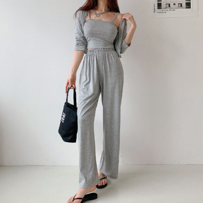 찰랑 볼레로 끈나시 와이드팬츠 크롭 쓰리 세트