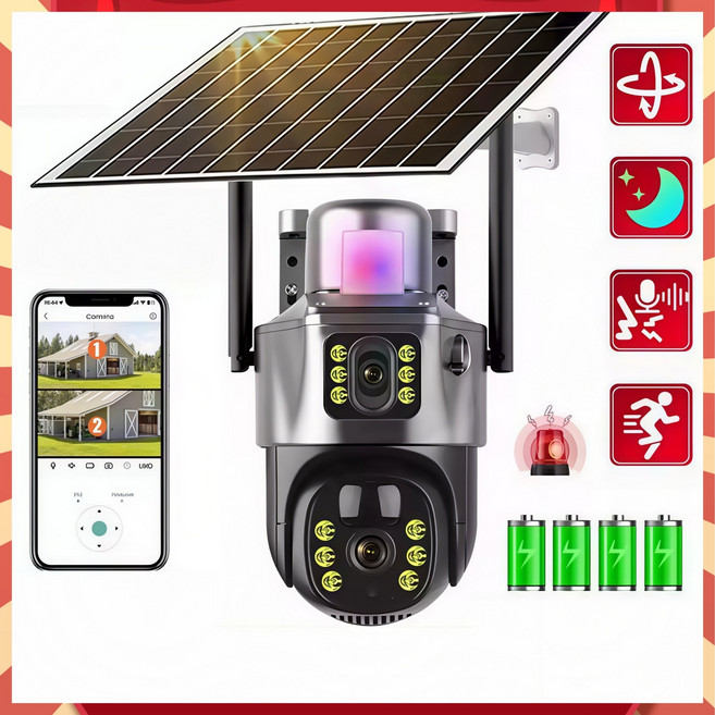 太陽能雙鏡頭安全攝影機 支援4G/Wi-Fi遠端監控 AI偵測 雙向語音, 1套, （WiFi版）雙畫面太陽能-360度無死角+全彩夜視+超長續航+周界報警