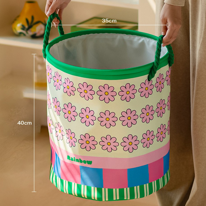 이지몰 꽃무늬 원형 세탁 바구니 패브릭 빨래통 접이식 수납함, 아이보리 플라워