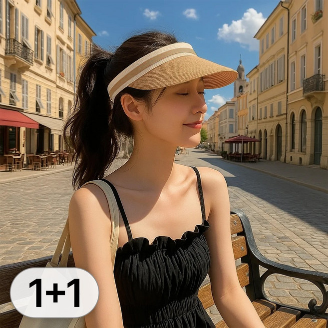 투데이리빙 1+1 여성 라탄 썬캡 세트 여름 챙넓은 밀짚 모자 여자 햇빛 썬 가리개 넓은 밀집 챙모자 등산 비치 여행 낚시 빅챙 그늘막 넓은챙 선캡 머리띠