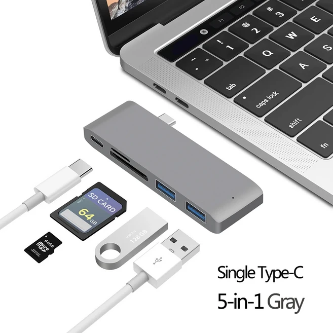 USB 3.1 타입-C 허브 HDMI 어댑터 4K 썬더볼트 3 C TF SD 리더 슬롯 PD 맥북 에어 프로 M1 M2 M4 M5용, 1개, 06 1T 5 in 1 Gray