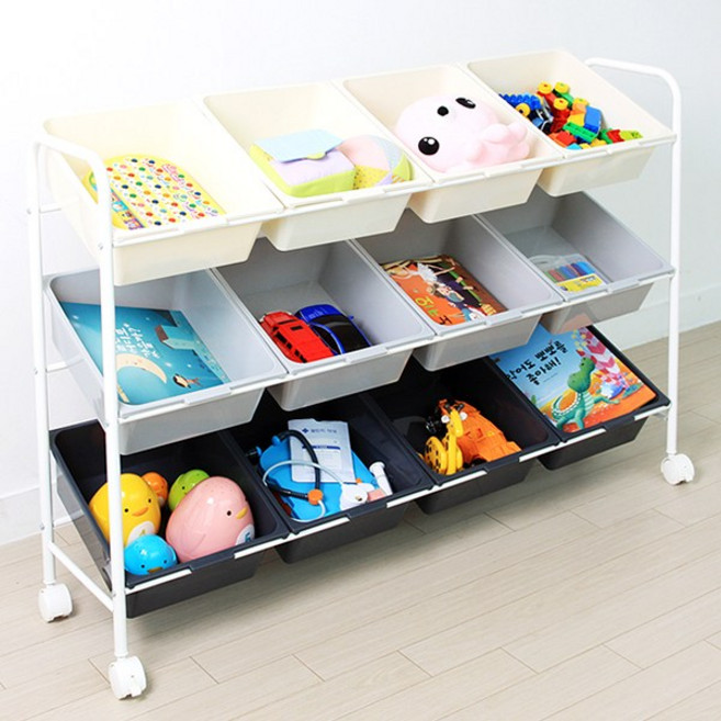 바퀴달린 이동식 트롤리 장난감 정리 수납함 이동식 바구니 12칸 정리함