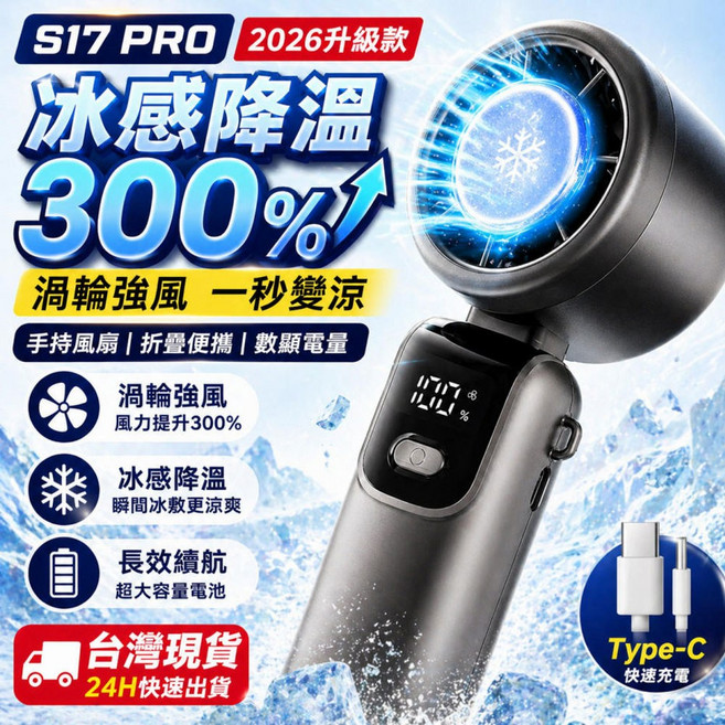 S17 PRO 手持風扇 冰瓷半導體制冷 LED實時數顯 可掛可立可折疊, 灰色【製冷冰敷款】