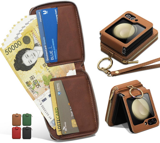 Z플립 7 6 5 4 3 지갑형 대용량 현금 수납 카드4장 손목 롱 스트랩 핑거 링 힌지보호 갤럭시 제트 플립 정품 지폐 폰케이스 고급 PU 가죽 핸드폰 케이스 제이콥스타일