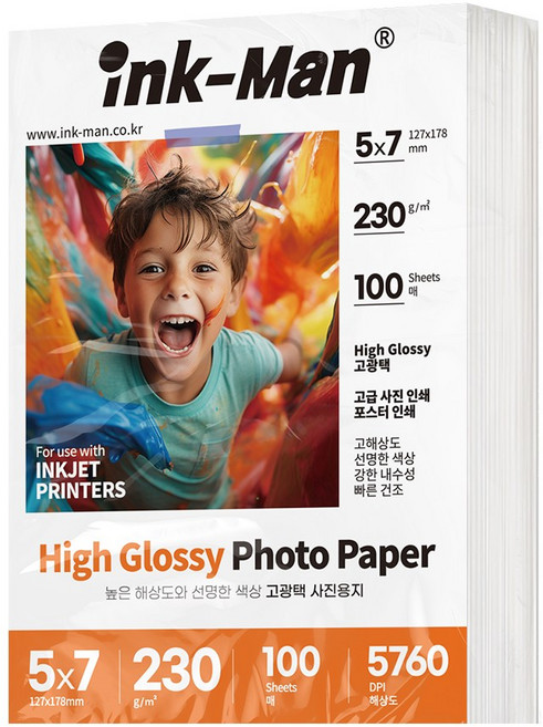 잉크맨 고광택 사진 인화지 포토페이퍼 포토용지 230g, 1개, 5X7, 100매