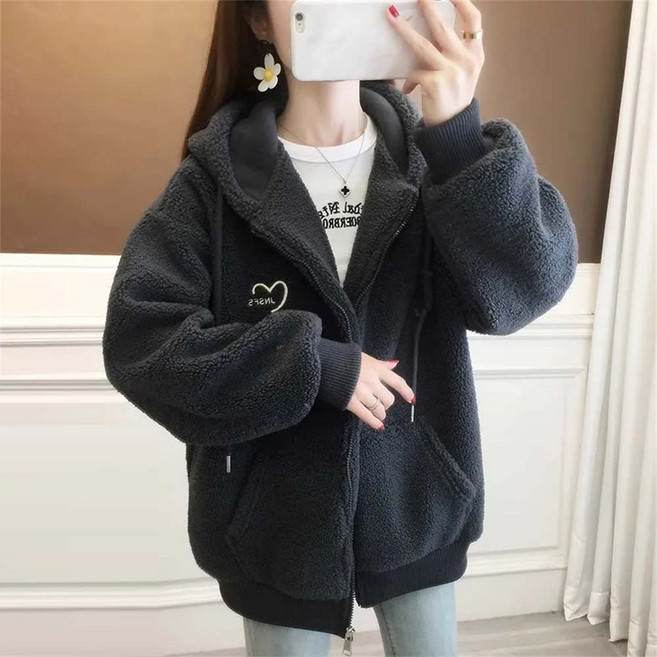TKX 여성용 겨울 따뜻한 양털 후드 집업 자켓 두꺼운 소재 실용적인 큰포켓 빅사이즈 KN53