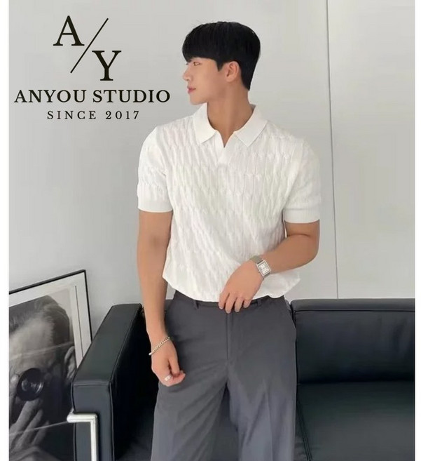 ANYOU 남성 반팔 니트 티셔츠 여름 폴로 셔츠 심플한 코디 카라 상의