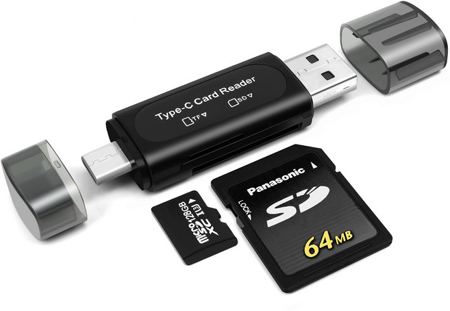 SD 카드 리더기 4-in-1 USB C SD 카드 리더기 TF/마이크로 SD/마이크로 SDXC/마이크로 SDHC 메모리 카드용 듀얼 슬롯 OTG 메모리 카드 어댑터, 1개, 철, 단일 제품