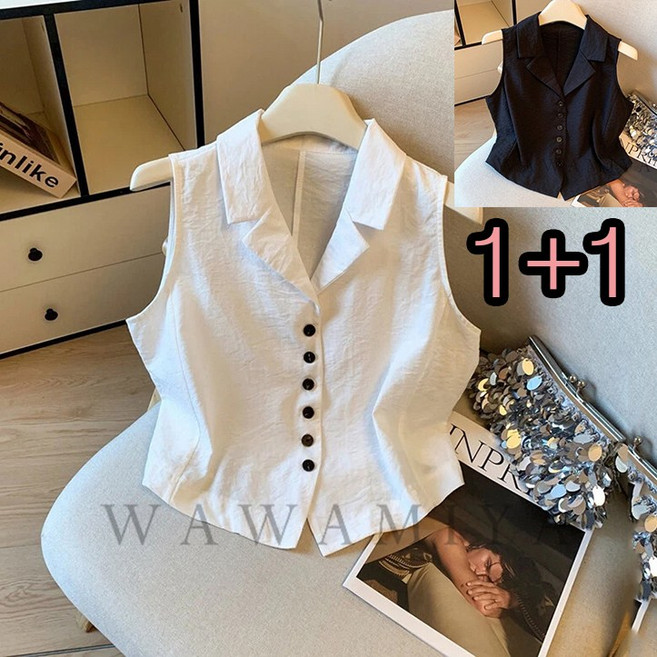 1+1 여성 여름 숏 조끼 캐주얼 크롭 자켓 세미정장 아우터 코트 심플 베스트 셔츠 빅사이즈 상의 가디건 WAWAMIYA