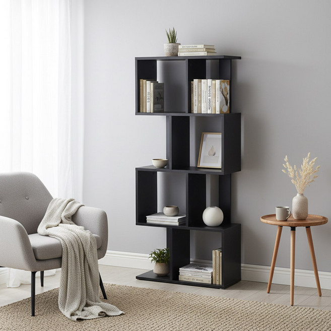 퍼즐 책장 원목 책꽂이 우드 선반 블랙 인테리어 파티션, 블랙(WWD4010-BK), 4단