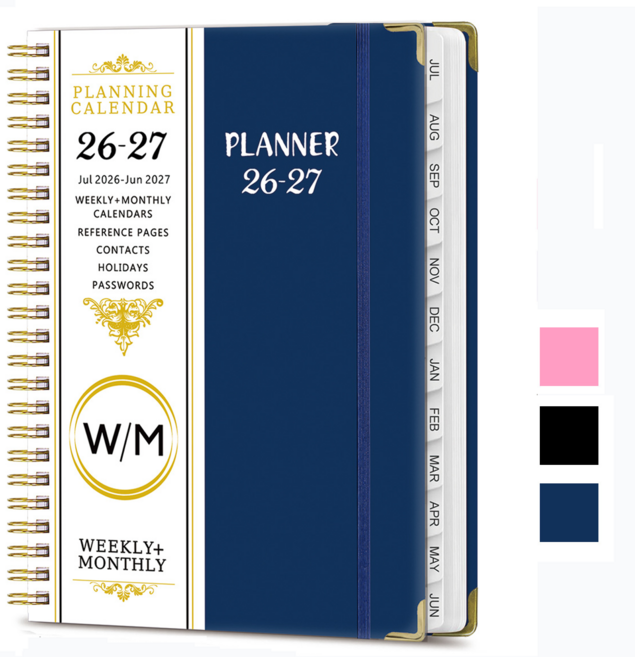 Clevoria 2026 날짜형 데일리 다이어리 A5 스파이럴 바인딩 코일 플래너 휴대용 업무용 기록 노트, 네이비 2026-2027, 1개