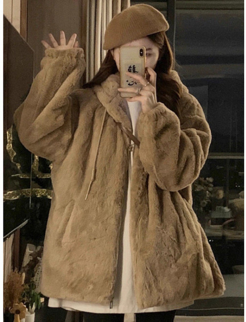 韓系毛茸茸羊羔毛連帽外套女 秋冬加絨加厚寬鬆毛絨棉衣保暖