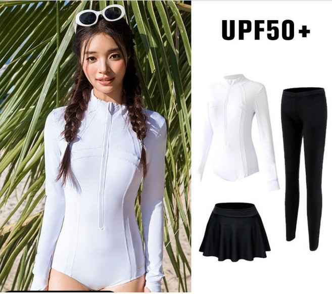 新款尾波高領連體泳衣 潛水服 防曬 速幹 長袖 水母衣 衝浪衣 溫泉泳裝, 白色三角褲1件套,2XL