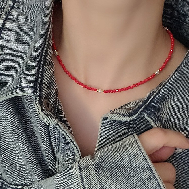 심플 데일리 비즈 레드 블랙 원석 진주 볼 초커 목걸이 5color 497