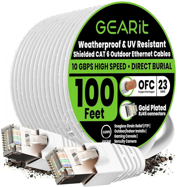 GEARIT CAT6 실외 이더넷 케이블 22.9M(75피트) 직접 네트워크 인그라운드 구리 FTP 23AWG POE LAN LLDPE 차단 순수 자외선 매립 방수, White, 100 Feet -