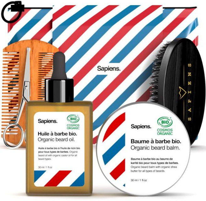 Sapiens BarberShop 남성용 수염 관리 세트 - 유기농 오일 및 밤 Cosmos Organic Certified 빗 브러시 가위 여행 가방 EU에서 제조된 키트, Sapiens BarberShop 남성용 수염 관리 세, 1개