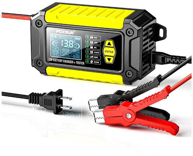 FOXSUR 汽車電瓶充電器 12V 6A 脈衝充電與電瓶壽命測試二合一, 1個, 黃色