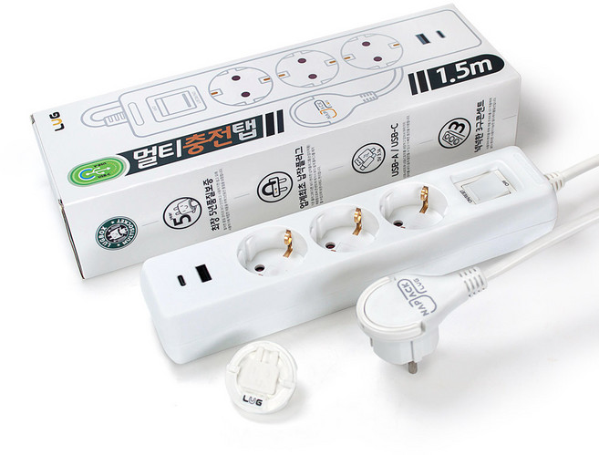 러그박스 3/5구 납작플러그 고속충전 USB C타입 고용량 3680W 멀티탭 1.5M/ 3M, 1개, 3구 화이트, 1.5m