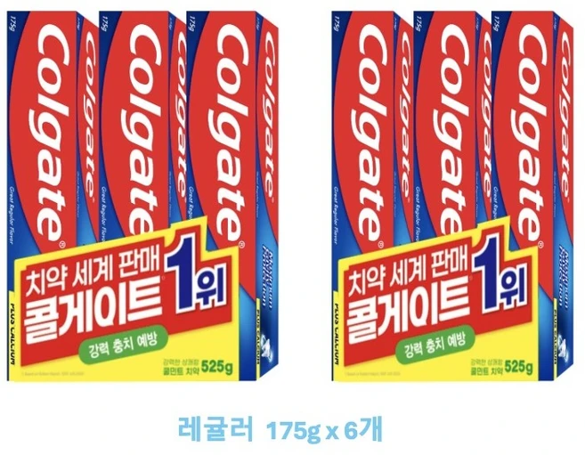온가족용 충치예방 고불소 치약 콜게이트 레귤러 [175], 175g, 6개 - 쿠팡