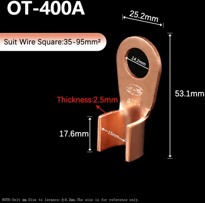 OT 시리즈 와이어 터미널 빨간색 구리 베어 코 러그 크림프 오픈 마우스 케이블 커넥터 스플라이스 100A, 03 400A, 06 2 pieces