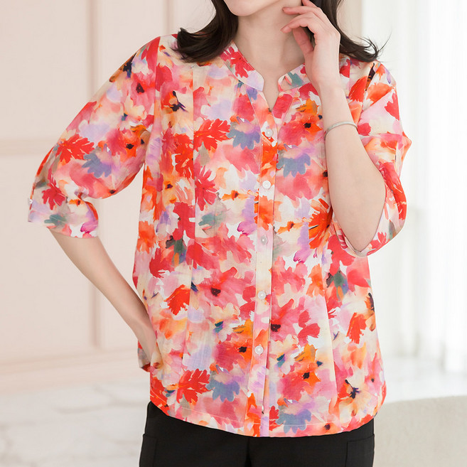 이브바바 여성 인견 마 혼방 꽃무늬 7부 셔츠블라우스