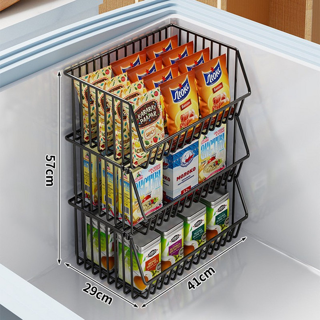 冰櫃內部置物架可疊加隔層架子冰箱多層分隔框吊籃食品收納筐, 1個, 黑色三層大號