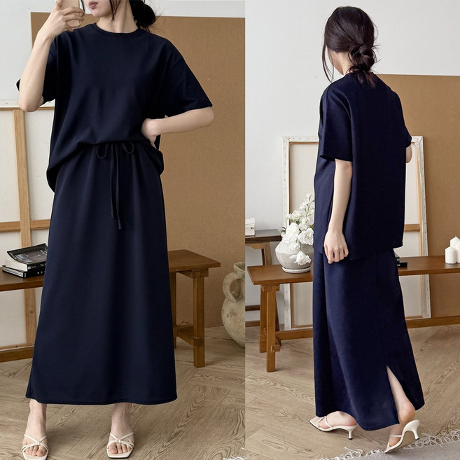 R203 코지 스커트세트 찰랑 루즈핏 반팔롱티+밴딩롱스커트 링클프리 빅사이즈