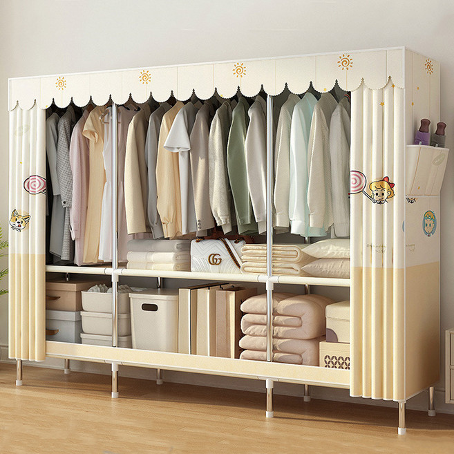 [시스슈] 강관 천옷장 - 간편 조립식 옷장 (가정용 침실 월세집 싱글 사이즈), 베이지색