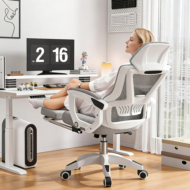 메쉬 사무용 의자 컴퓨터 의자 리클라이너 허리편한 오피스 체어, 그레이