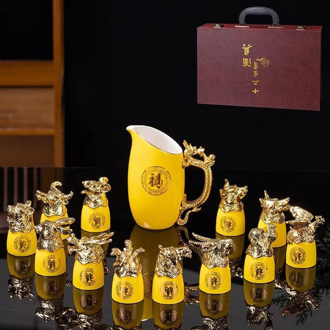 고량주잔 술 수정방 술잔세트 스트레이트 순홍색 다이아 연태주 술수정방 고량주, 골드 12지신 제왕황, 1개