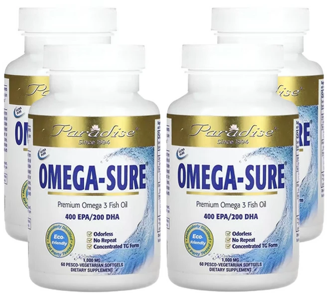 파라다이스허브 오메가슈어 프리미엄 오메가3 피쉬 오일 1 000mg 페스코 베지 소프트젤 60정, 4개 - 쿠팡