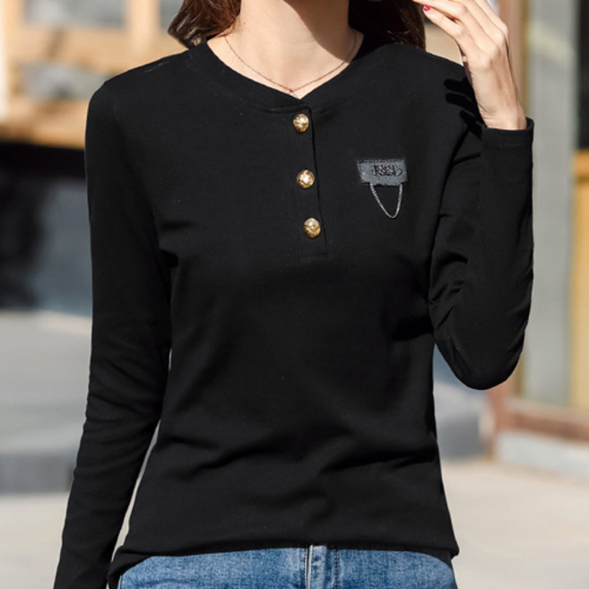 데일로엔 여성용 가슴 체인 포인트 헨리넥 긴팔 티셔츠