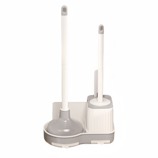 가정용 깔끔 변기솔 압축 뚫어뻥 2종 세트 벽걸이형 무타공 화장실청소도구, 회색