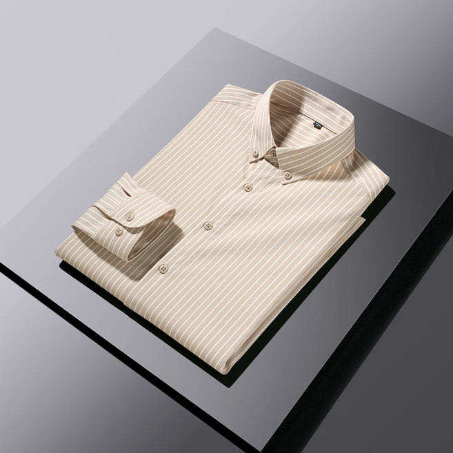 春秋季條紋長袖領釦款襯衫2024新款男士中青年上衣輕商務休閒襯衣
