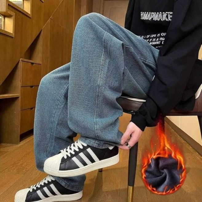 內刷毛牛仔長褲 做舊水洗刷毛直筒褲 秋冬款加厚保暖褲子