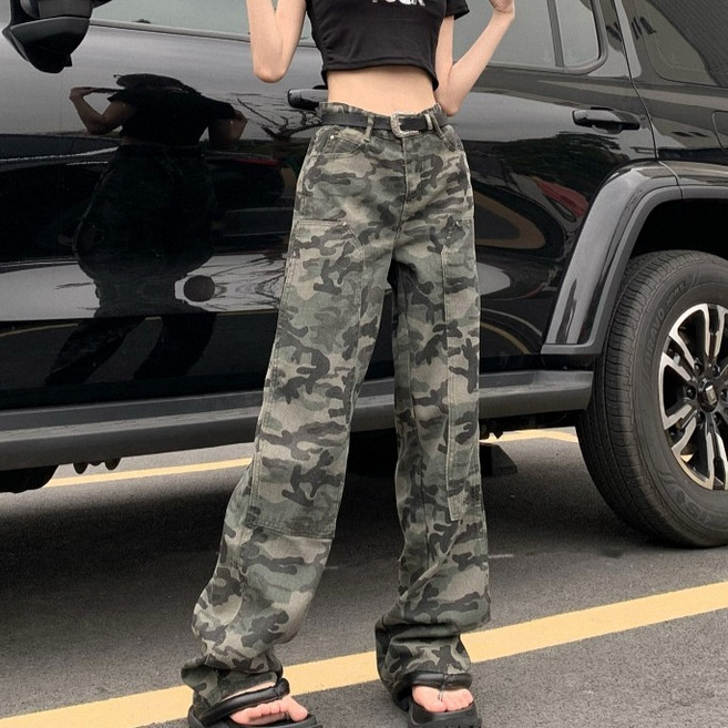 梨卡 女裝 迷彩工裝褲 高腰直筒闊腿牛仔長褲