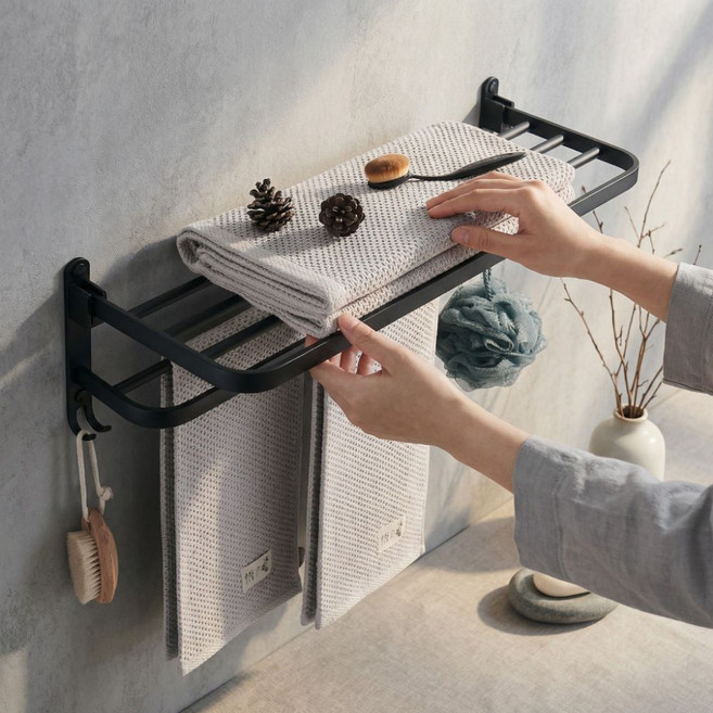 MYNNZ 무타공 욕실 수건걸이 선반 2단, 블랙, 1개
