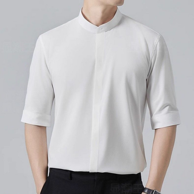 【冰絲新中式】男士襯衫 短袖襯衫 立領襯衫 中袖襯衫 薄款襯衫 修身襯衫 輕熟風 冰絲透氣 夏季薄款 商務休閒兩穿