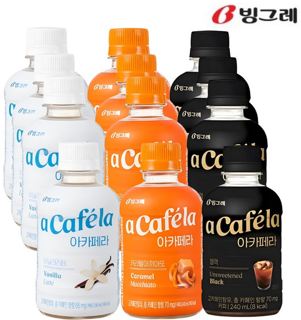 빙그레 아카페라 240ml 3가지맛 커피 음료 (바닐라라떼4+카라멜마끼아또4+아메리카노4) 총12입
