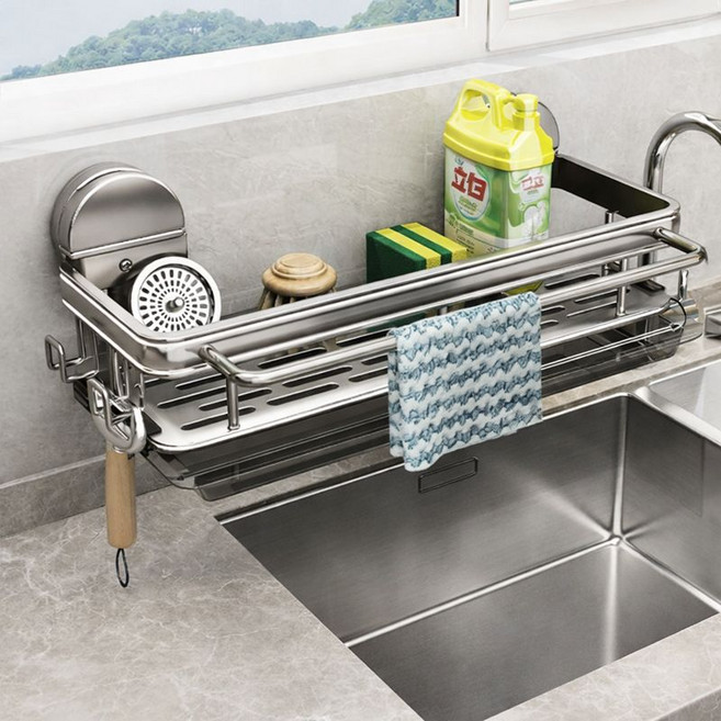 뉴밸코 무타공 수세미 걸이 진공흡착 알루미늄 거치대, 1개, 메탈건그레이