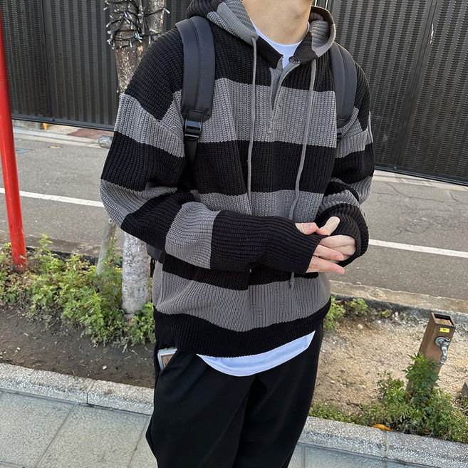 남자 후드니트 워머 스트라이프 오버핏 단추 스냅니트(3color)