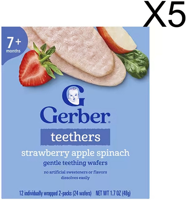 거버 아기용 스낵 티더 부드러운 치아 발육 웨이퍼 7개월 이상 개별 포장 2팩 12개 각 4g(0.14oz), 딸기 사과 시금치, 48g, 5개