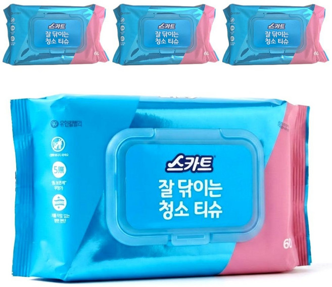 스카트 잘 닦이는 다목적 99플러스 청소물티슈 60p, 4개