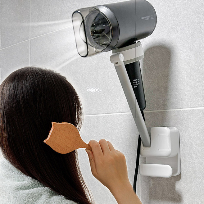 하이어데코 무타공 헤어 드라이기 거치대 핸즈프리 각도조절 접착식 욕실 선정리, 1개, 화이트