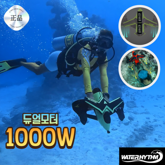 워터리듬 1000W 수중스쿠터 6400mAh 듀얼모터 스노쿨링 스노쿨링 잠수 스노클 추진기 프로펠러 스쿠버 물놀이 프리다이빙, 배터리2SET, 그린