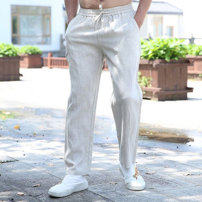 FANSYLI 남성 빅사이즈 루즈핏 와이드 린넨 바지 여름 얇은 밴딩 정장 바지 루즈핏 편한 통기성 일자핏 통바지 데일리 X2604A10